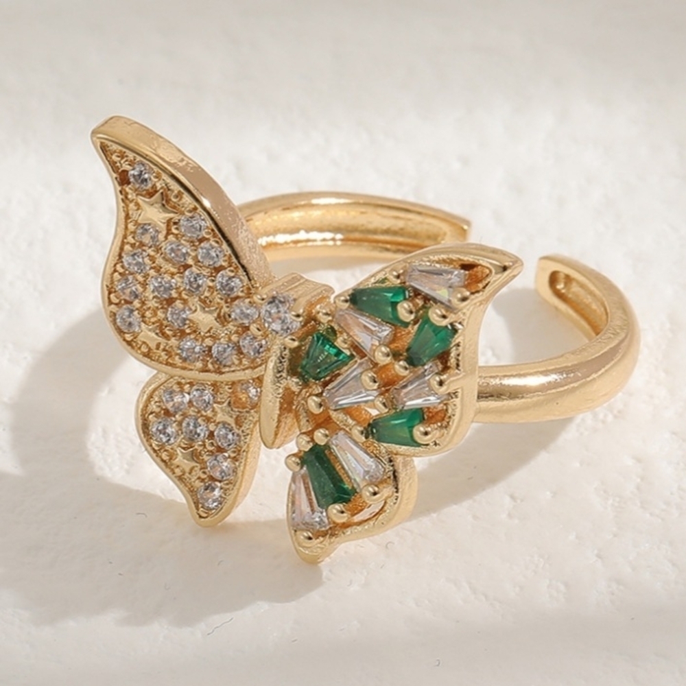 Butterfly Ring Green Zircon & Rhinestones Gold Tone Adjustable Band - Picture 7 of 10